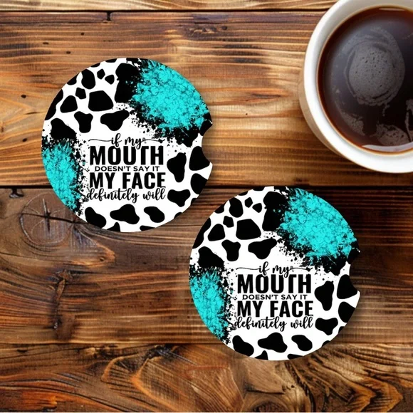 Cow Print Car Coasters with Teal Accents - Picture 6 of 6